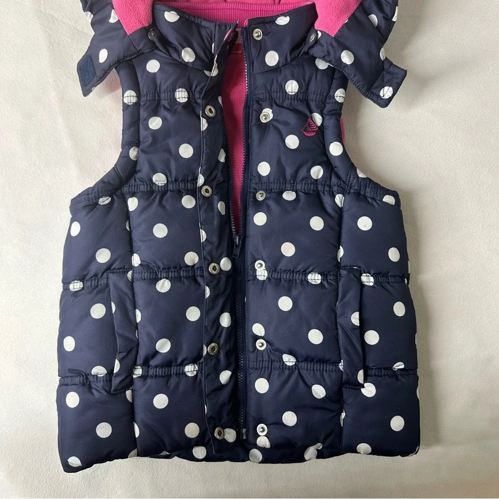 JoJo Maman Bébé Navy Polka Dot Puffer Vest 3Y Detachable Hood Fleece Lined